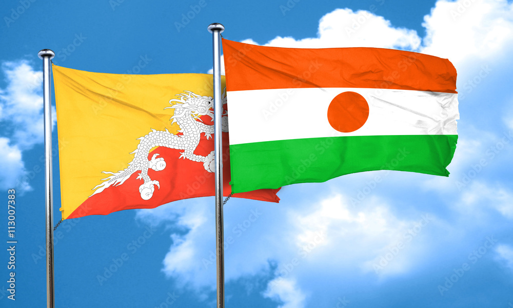 Bhutan flag with Niger flag, 3D rendering Bhutan flag with Niger flag, 3D rendering