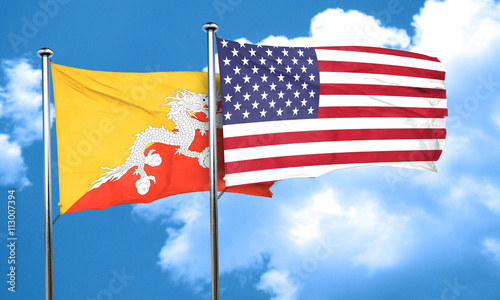 Bhutan flag with American flag, 3D rendering