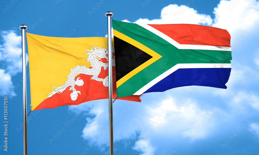 Bhutan flag with South Africa flag, 3D rendering