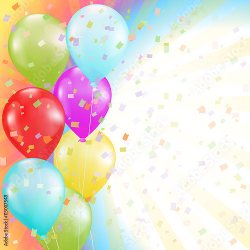 flying colorful balloons and confetti background. birthday 
