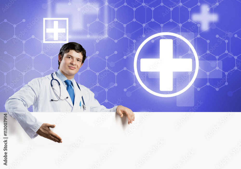 Doctor with banner Doctor with banner