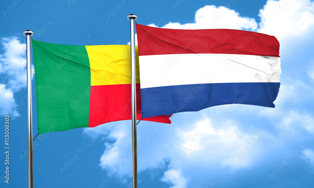 Benin flag with Netherlands flag, 3D rendering Benin flag with Netherlands flag, 3D rendering