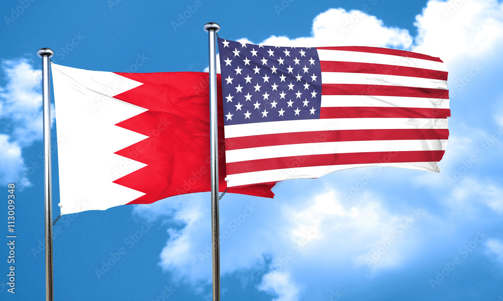 Bahrain flag with American flag, 3D rendering
