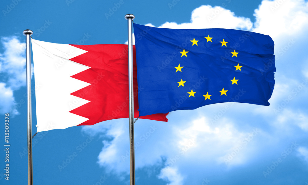 Bahrain flag with european union flag, 3D rendering Bahrain flag with european union flag, 3D rendering