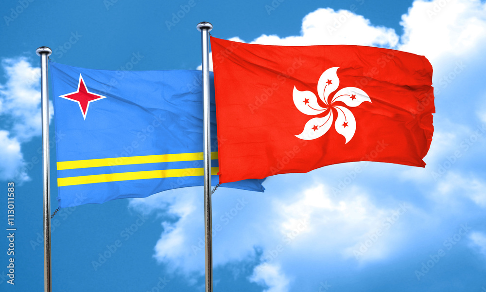 aruba flag with Hong Kong flag, 3D rendering aruba flag with Hong Kong flag, 3D rendering