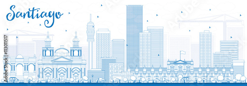 Outline Santiago Chile Skyline with Blue Buildings.
