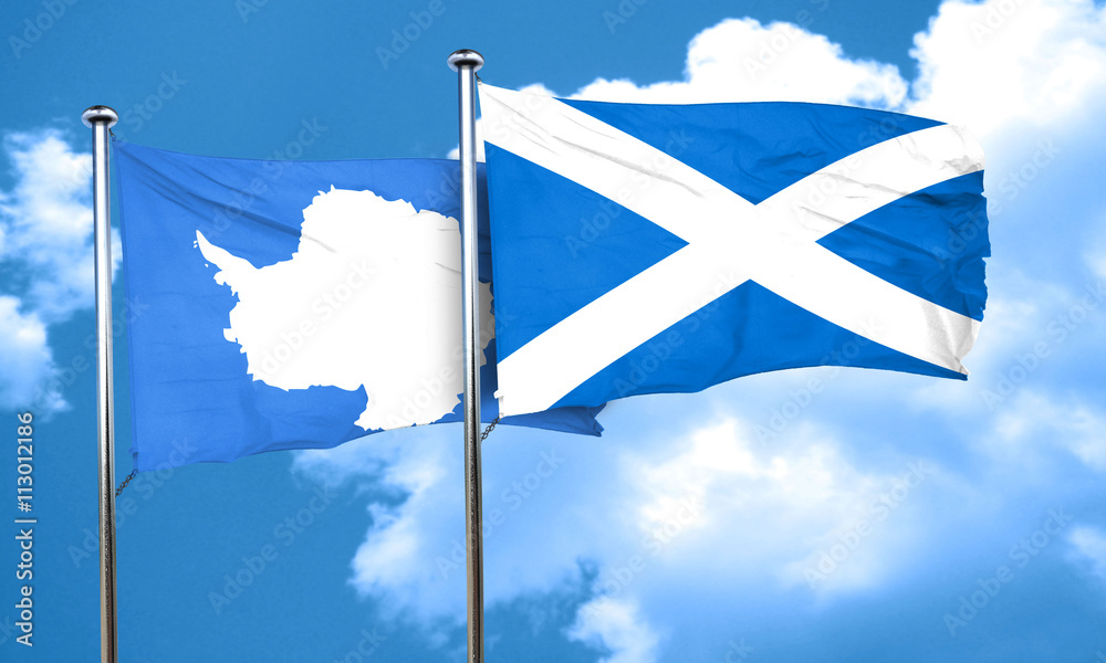 antarctica flag with Scotland flag, 3D rendering antarctica flag with Scotland flag, 3D rendering