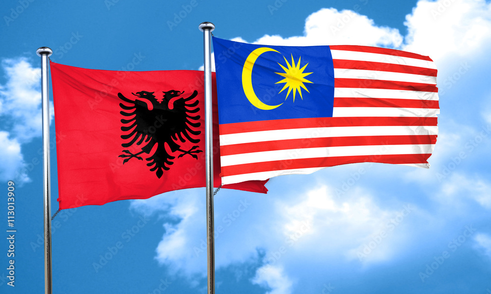 Albania flag with Malaysia flag, 3D rendering Albania flag with Malaysia flag, 3D rendering