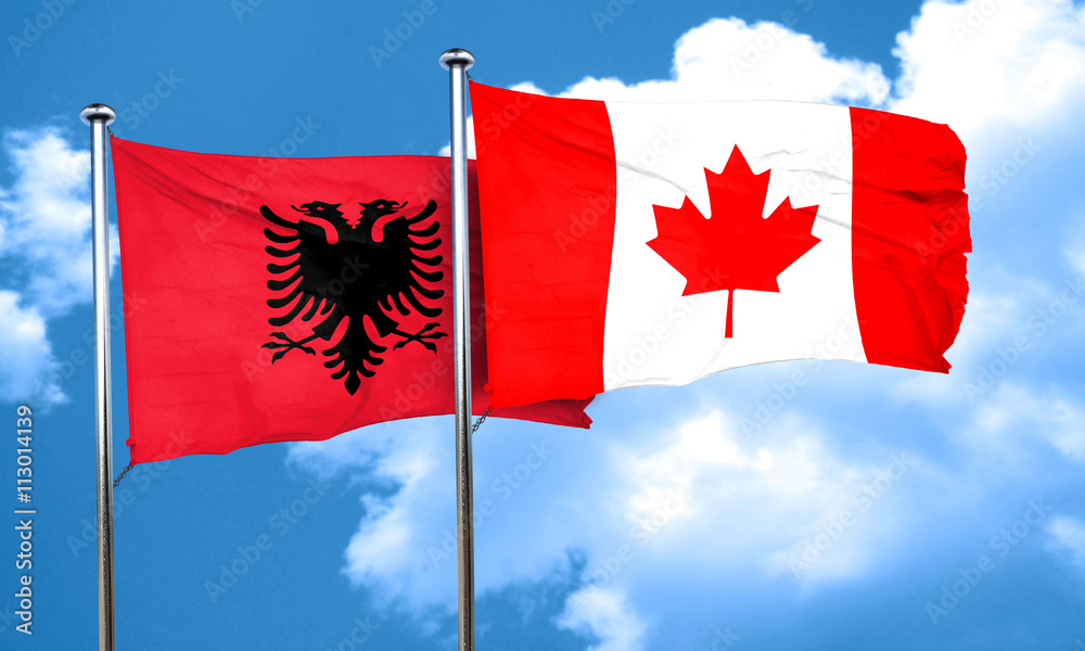 Albania flag with Canada flag, 3D rendering