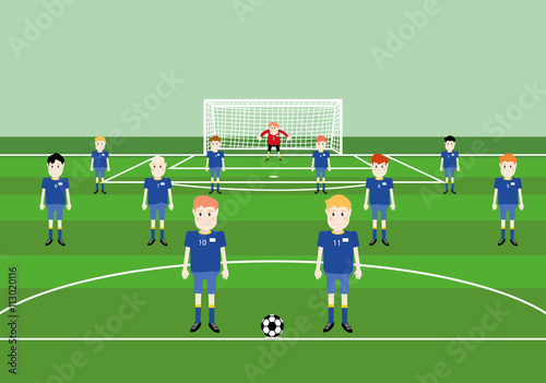vector illustration of players soccer team  flat cartoon at soccer field pitch