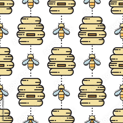 Thin line bee and beehive seamless pattern. Vector illustration