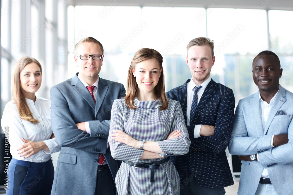 Face of beautiful woman on the background of business people Face of beautiful woman on the background of business people