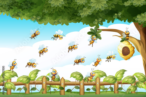 Scene with bees flying around beehive