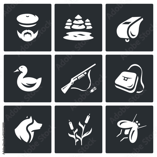 Vector Set of Hunting Icons. Hunter, nature, whistle, duck, rifle, bag, dog, cane, mosquito.