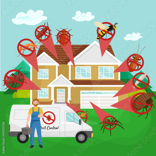 Pest control concept with insects exterminator silhouette flat vector illustration