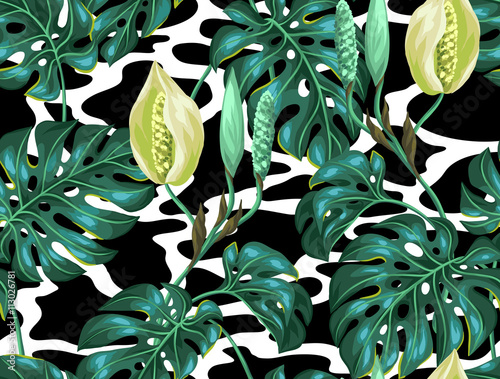 Seamless pattern with monstera leaves. Decorative image of tropical foliage and flower. Background made without clipping mask. Easy to use for backdrop, textile, wrapping paper