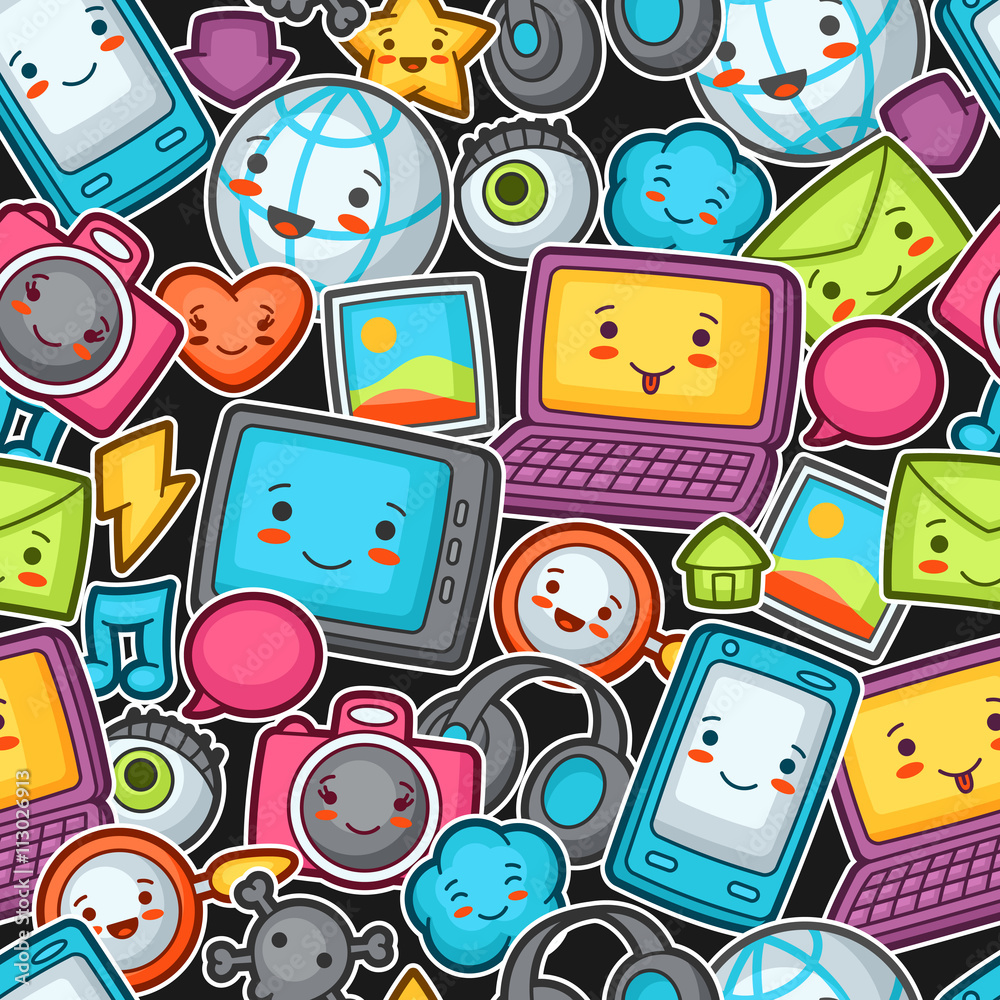 Kawaii gadgets social network seamless pattern. Doodles with pretty facial  expression. Illustration of phone, tablet, globe, camera, laptop,  headphones and other Stock Vector