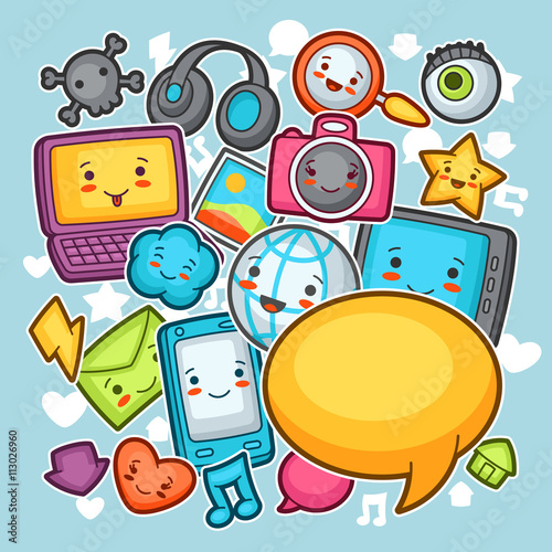 Kawaii gadgets social network background. Doodles with pretty facial expression. Illustration of phone, tablet, globe, camera, laptop, headphones and other