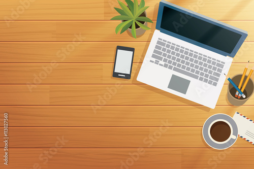 top view office wooden desk in morning