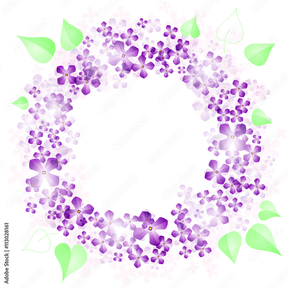 Wreath of delicate translucent flowers lilac and green leaves for a romantic web and paper design Wreath of delicate translucent flowers lilac and green leaves for a romantic web and paper design