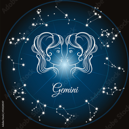 Zodiac sign gemini and circle constellations. Vector illustration