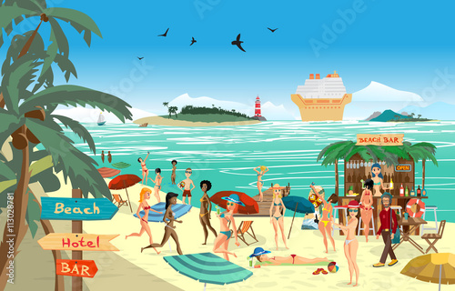 Sea landscape summer beach. Vector cartoon flat illustration. Be