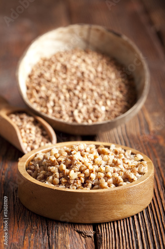 Buckwheat in wooden bowl