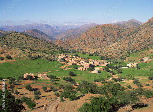 Village and fields in the hills east of Tiznit, towards the Col du Kerdous and Tafraoute in the anti Atlas region of Morocco