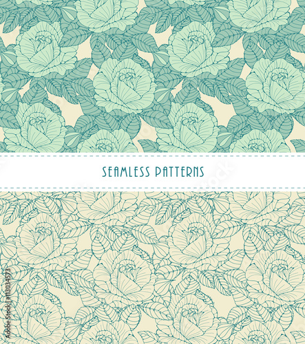 Canvas Print a set of romantic English style floral wallpaper seamless tiles with roses in gr