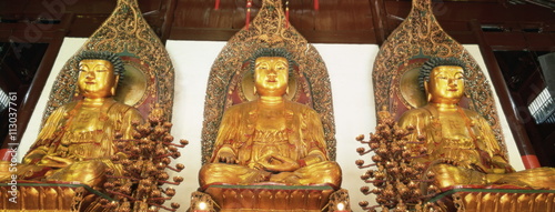 Medicine, Sakyamuni and Amithaba gold Buddha statues, Heavenly King Hall, Yufo Si, Jade Buddha Temple, Shanghai, China