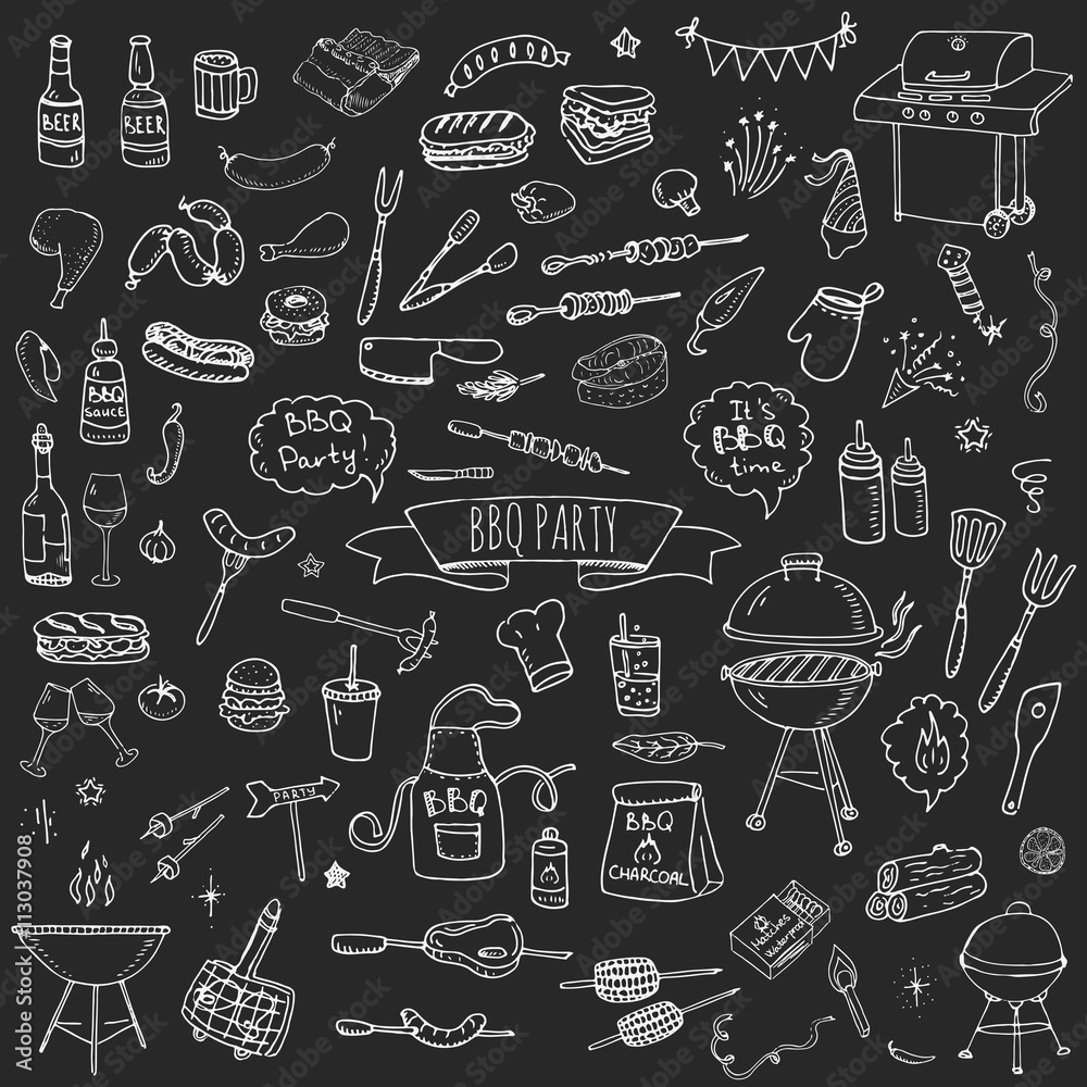 Hand drawn doodle BBQ party icons set Vector illustration summer ...