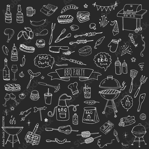 Hand drawn doodle BBQ party icons set Vector illustration summer barbecue symbols collection Cartoon various meals  drinks  ingredients and decoration elements on white background Sketch