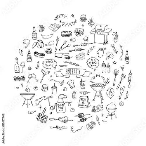 Hand drawn doodle BBQ party icons set Vector illustration summer barbecue symbols collection Cartoon various meals, drinks, ingredients and decoration elements on white background Sketch