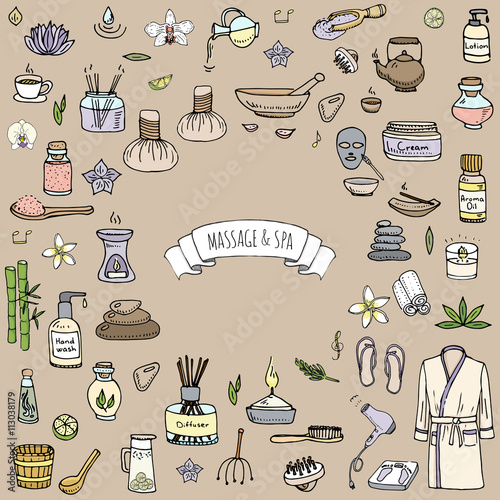 Hand drawn doodle Massage and Spa icons set Vector illustration relaxing symbols collection Cartoon beauty care concept elements health care Wellness treatment Body massage Lifestyle Skin care Spa