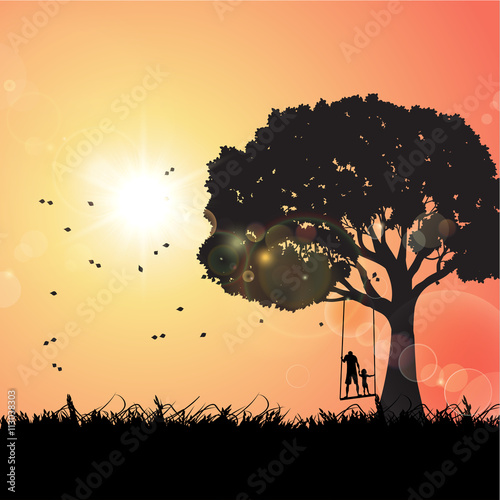 A Boy And His Father Under Sunset, Playing On A Swing