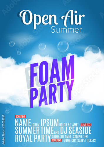 Foam Party summer Open Air. Beach foam party poster or flyer design template