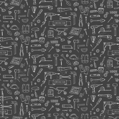 Seamless background hand drawn doodle Construction tools set Vector illustration building icons House repair icons concept collection Modern sketch style labels of house remodel gear elements, symbols