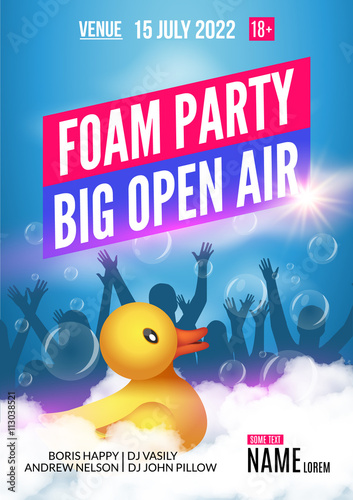Foam Party summer Open Air. Foam party poster or flyer design template with people silhouettes and duckling toy