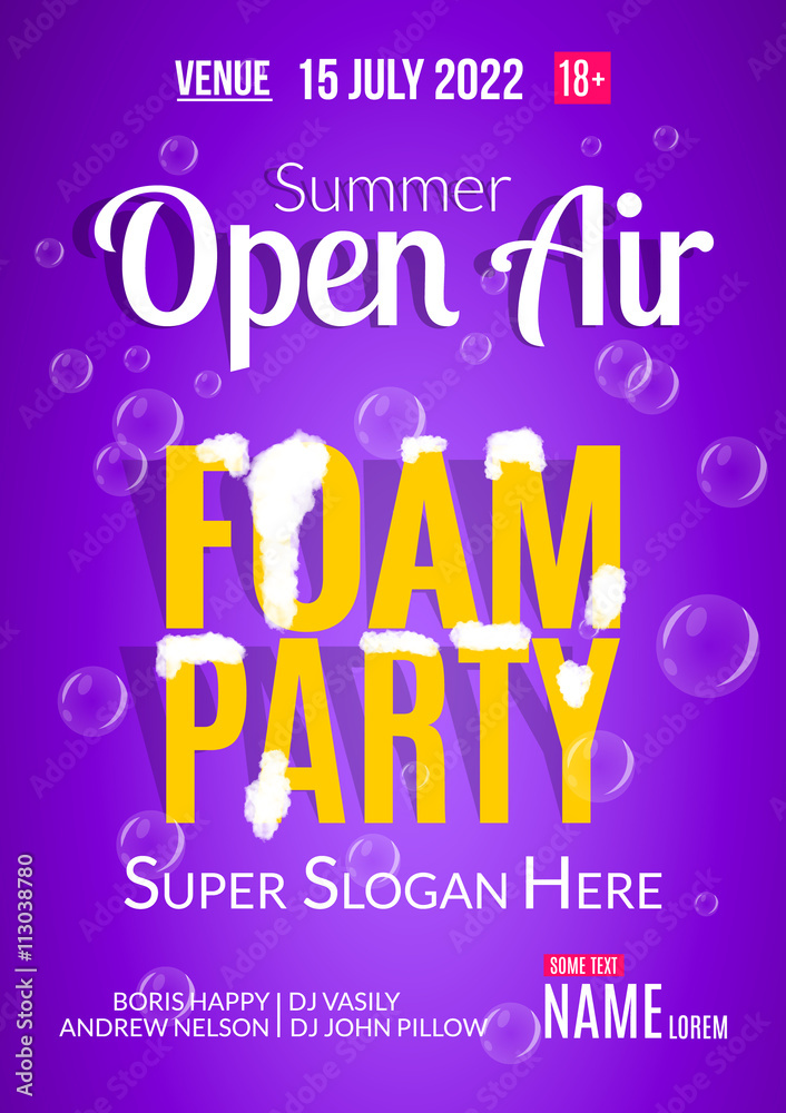 Foam Party summer Open Air. Beach foam party poster or flyer design template