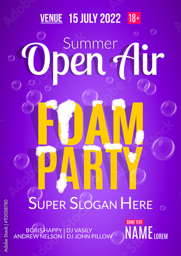 Foam Party summer Open Air. Beach foam party poster or flyer design template
