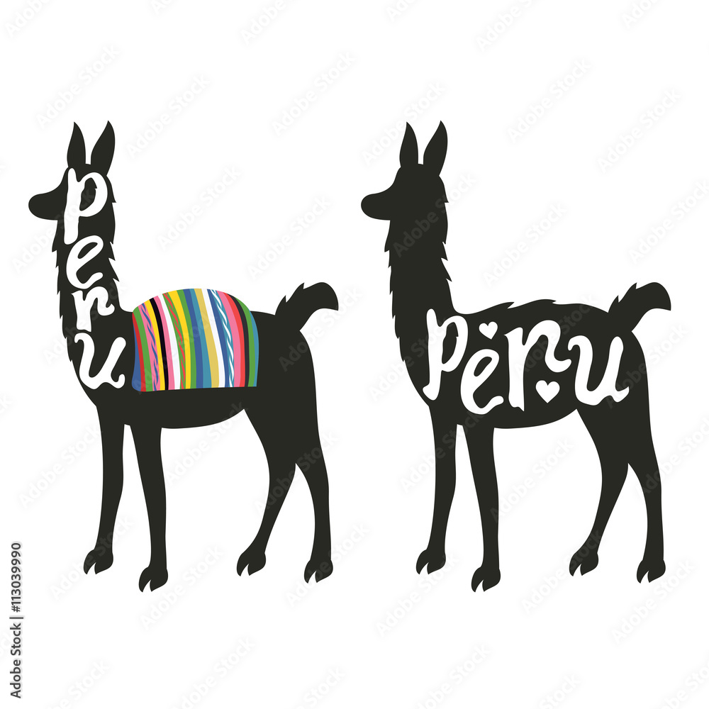 Funny vector set illustration with llama silhouettes. Peru lettering Stock Vector | Adobe Stock