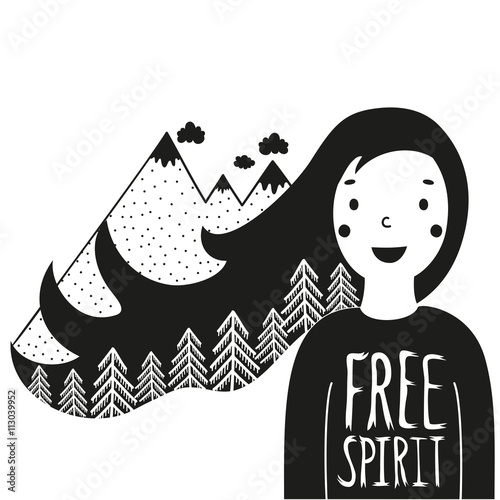 Naklejka na ścianę Śliczna wektorowa ilustracja z szczęśliwą dziewczyną i górami z sosnowym lasem w jej włosy. Wolne litery ducha