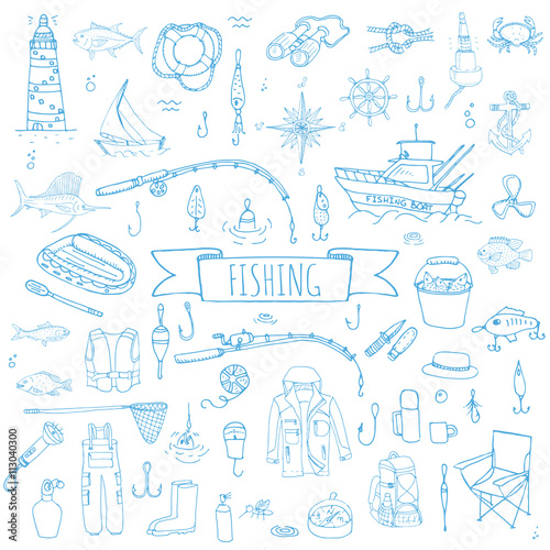 Hand drawn doodle Fishing icons set Vector illustration fishing equipment elements collection Cartoon fishing concept Fishing rod Baits Spinning Fishing lure Fish Fishing boat Lighthouse Fishing cloth