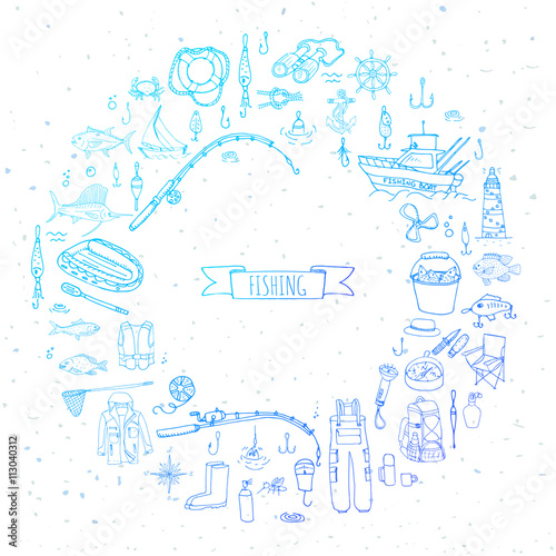 Hand drawn doodle Fishing icons set Vector illustration fishing equipment elements collection Cartoon fishing concept Fishing rod Baits Spinning Fishing lure Fish Fishing boat Lighthouse Fishing cloth