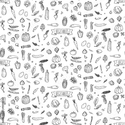 Seamless background hand drawn doodle vegetables icons set Vector illustration seasonal vegetable symbols collection Cartoon different kind of vegetable Various types of vegetables on white background