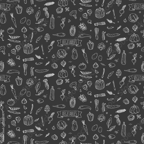 Seamless background hand drawn doodle vegetables icons set Vector illustration seasonal vegetable symbols collection Cartoon different kind of vegetable Various types of vegetables on white background