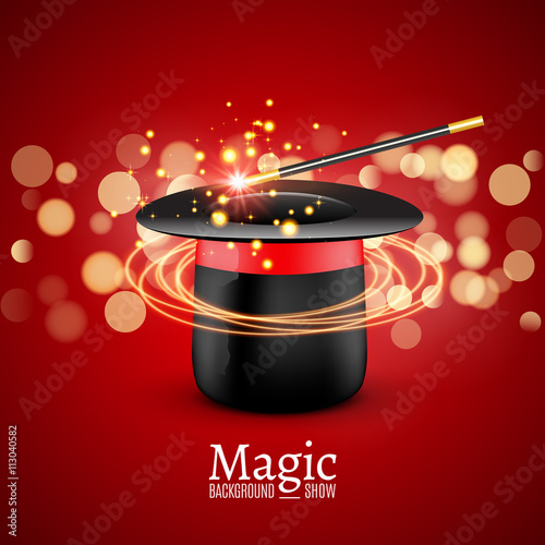 Magic Hat with Magic wand. Vector Magician perfomance. Wizzard show background