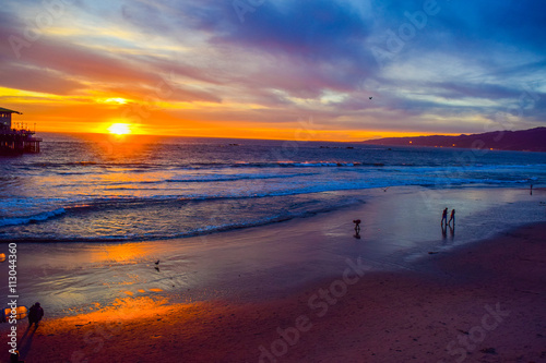 Beach Santa Monica pier at sunset, Los Angeles, Seagull on the beach background