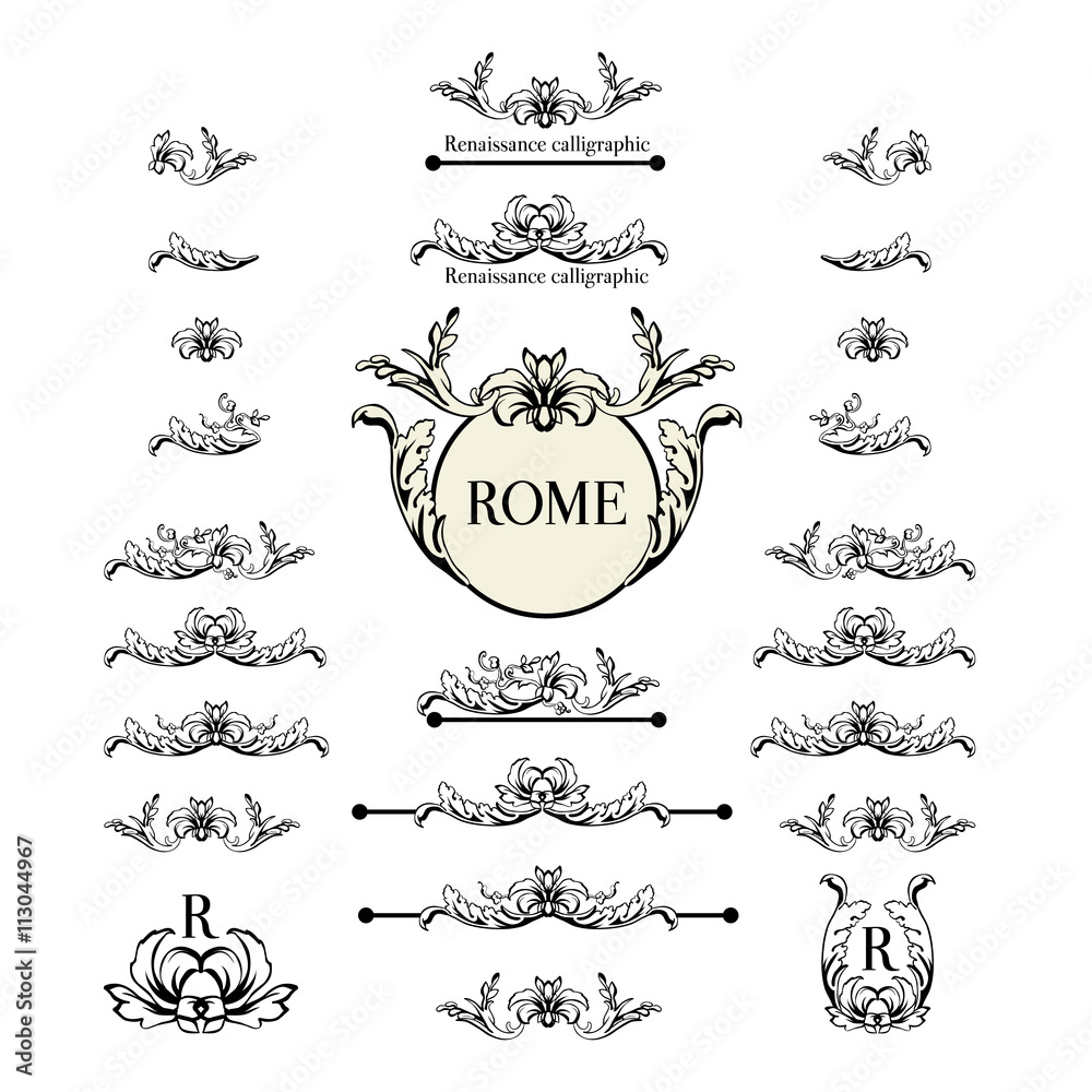 Vector set of calligraphic design elements, page decor, dividers and ornate headpieces.