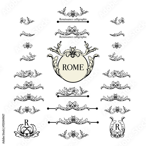 Vector set of calligraphic design elements, page decor, dividers and ornate headpieces.